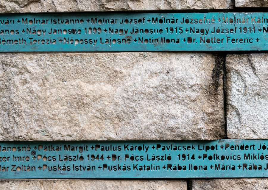 A Turul-szobor két oldalán kivágott rézcsíkokon vannak feltüntetve az áldozatok nevei